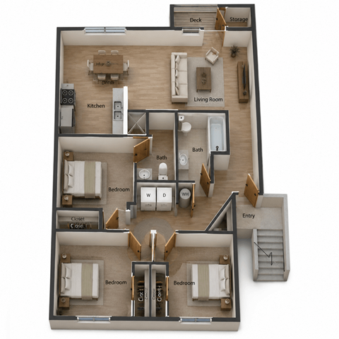 Floor plan for 3 beds, 2 baths, 1240 sqft
